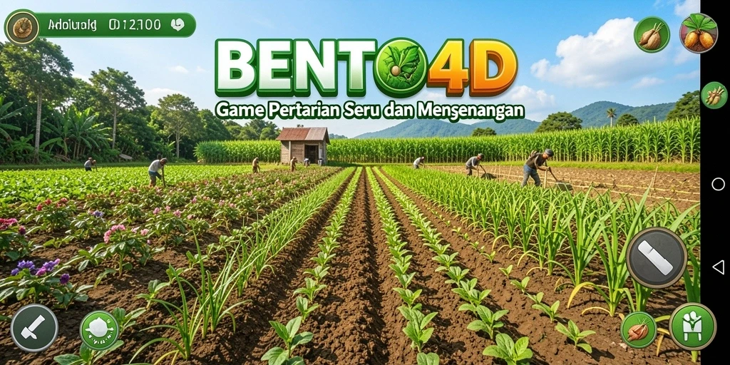 Screenshot gameplay BENTO4D menunjukkan kebun yang asri dan beragam tanaman.