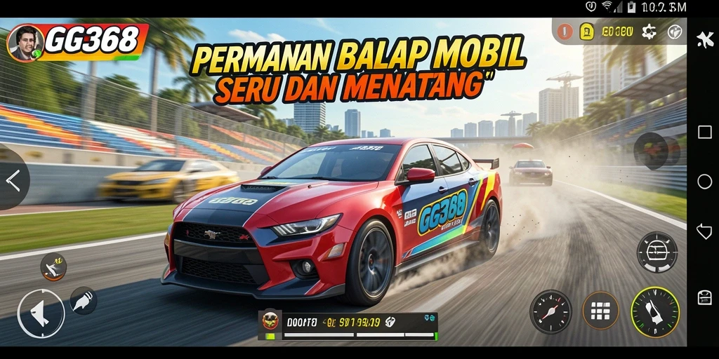 Screenshot utama GG368 menampilkan aksi balap mobil yang menegangkan.