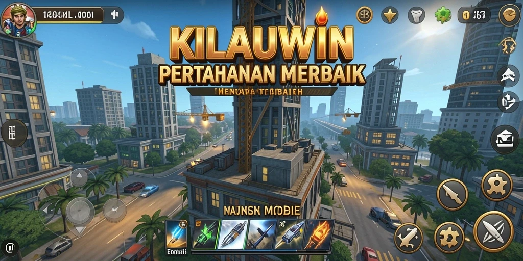 Tampilan gameplay KILAUWIN dengan menara dan musuh yang beragam.