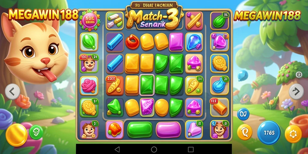 Screenshot gameplay MEGAWIN188 menunjukkan aksi mencocokkan item yang seru.