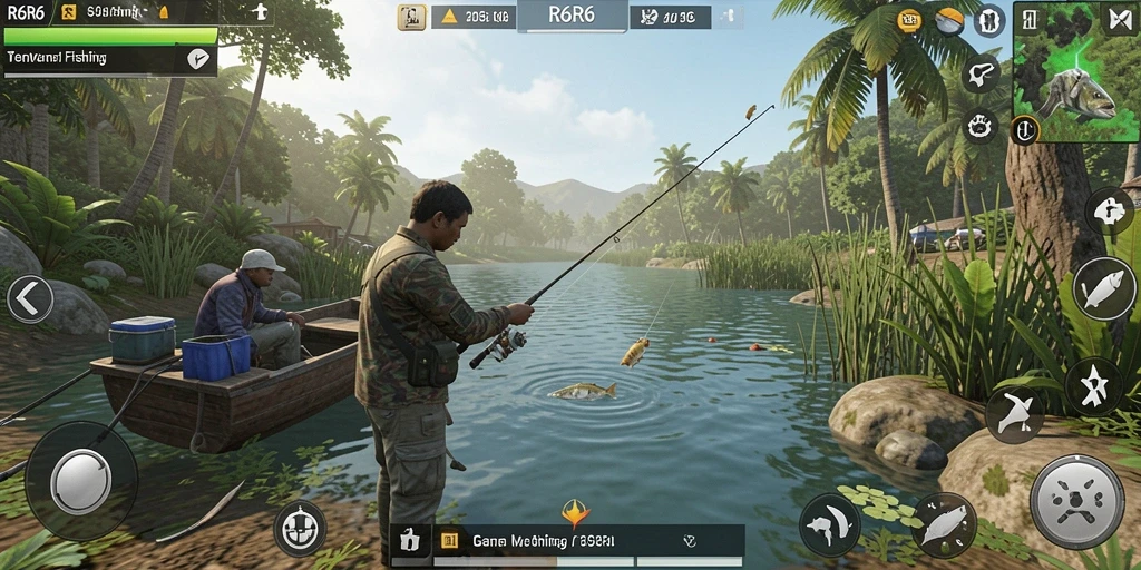 Screenshot gameplay R6R6 menampilkan momen seru saat memancing.