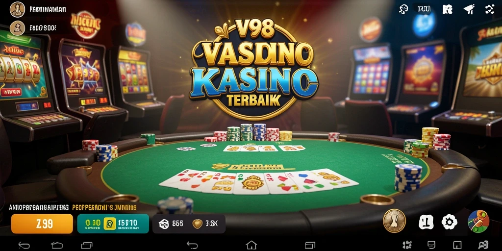 Screenshot V98 menampilkan suasana kasino yang mendebarkan dengan permainan slot yang menarik.